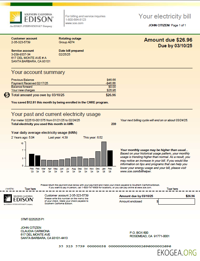 USA Southern California Edison utility bill template in Word and PDF formats, version 2